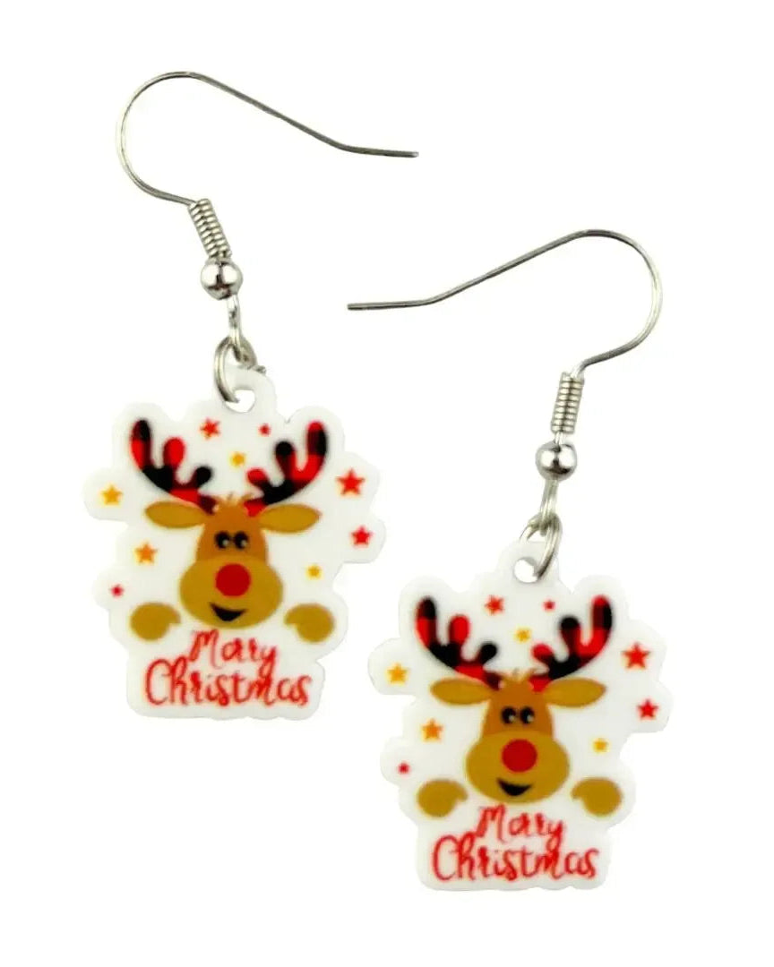 Reindeer Christmas earrings with a red-nosed reindeer, scattered stars and Merry Christmas in red script