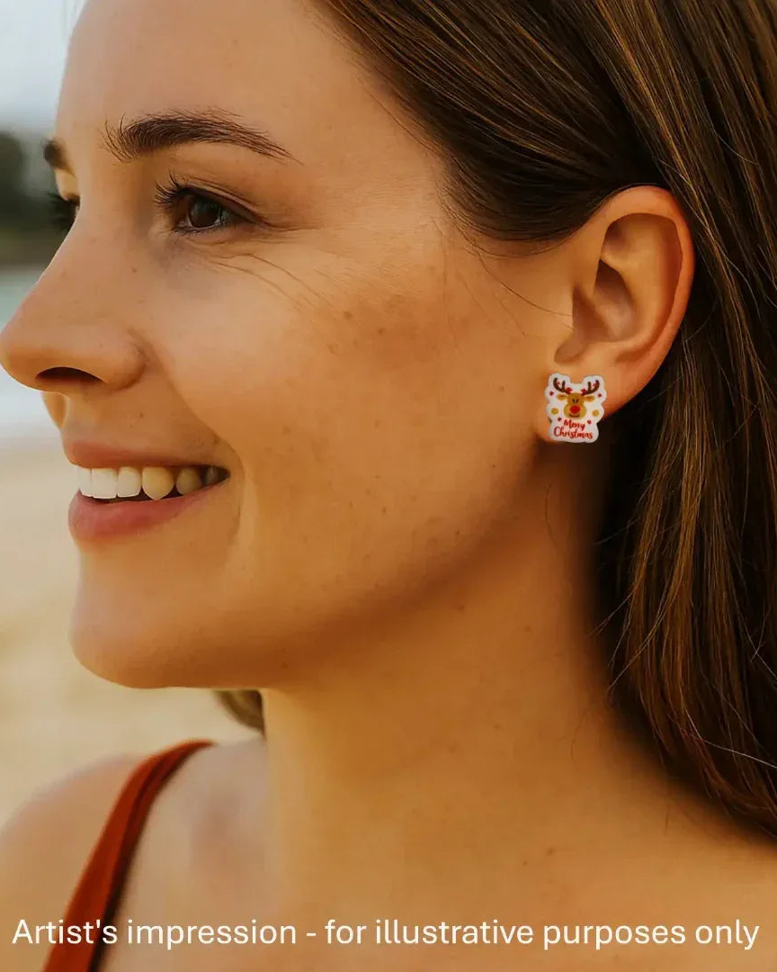 Model wearing a reindeer Christmas stud earring, showing the size against her ear