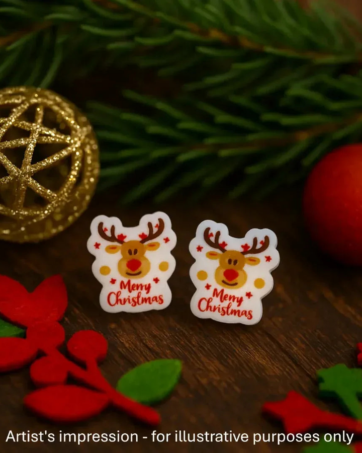 Reindeer Christmas stud earrings on dark wood with pine, a gold bauble and red felt leaves