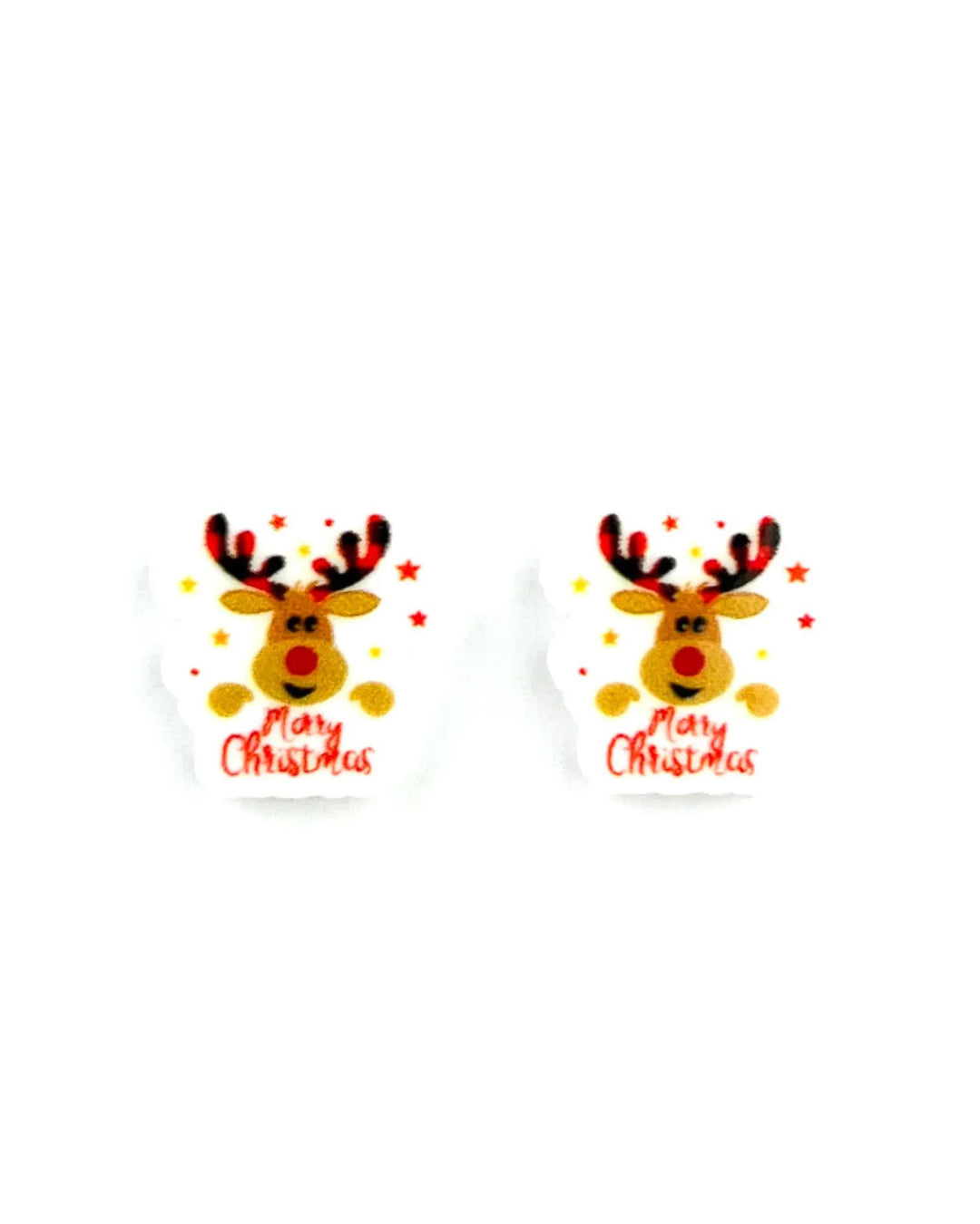Reindeer Christmas stud earrings with a red-nosed reindeer, scattered stars and Merry Christmas in red script