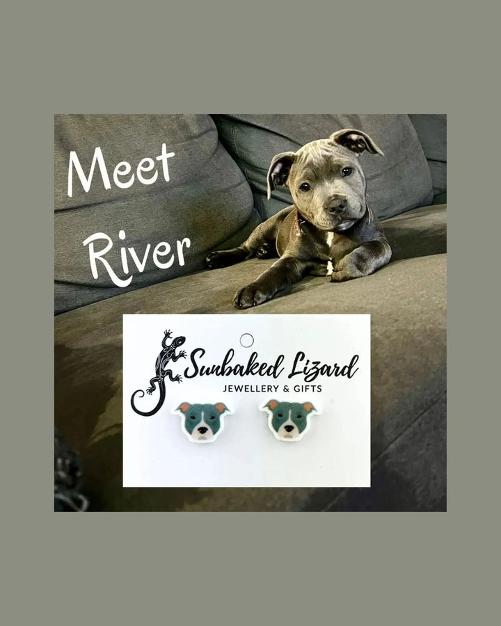 River the real blue staffy puppy, the dog who inspired the River the Blue Staffy stud earrings