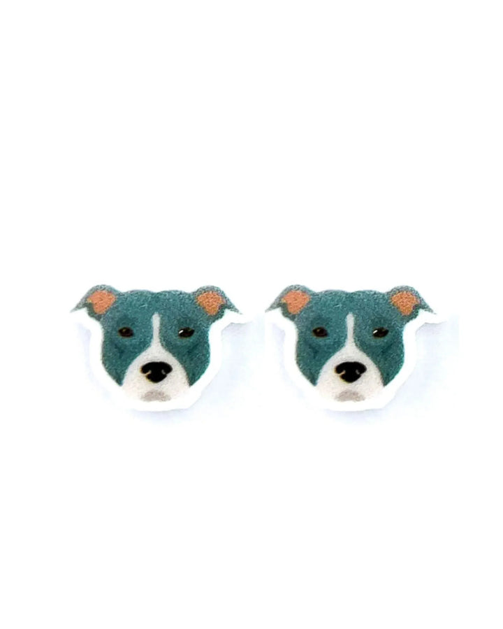 River the Blue Staffy stud earrings, blue-grey Staffordshire terrier acrylic charm