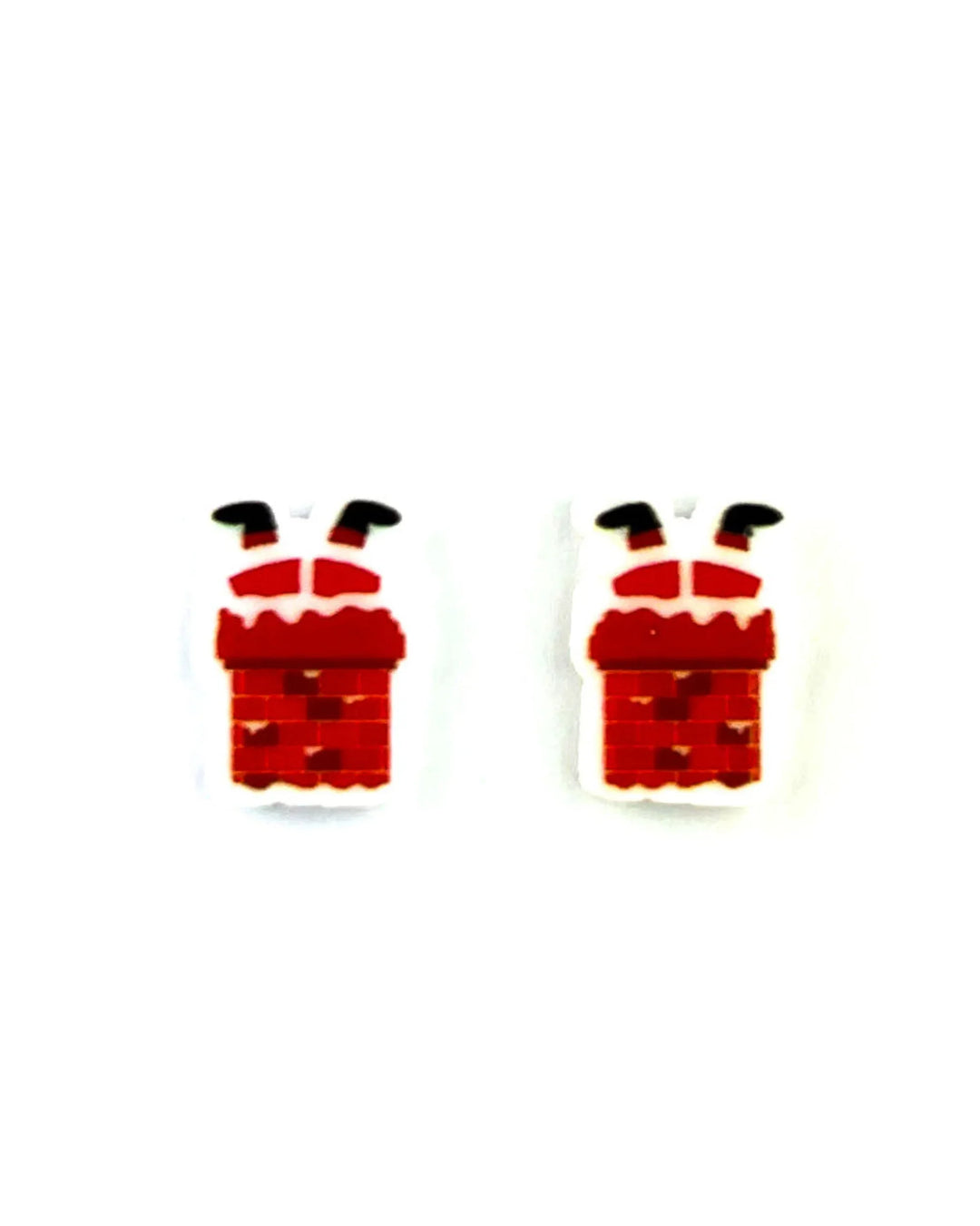 Santa in the chimney stud earrings, with Santa's red and black boots sticking out of a brick chimney