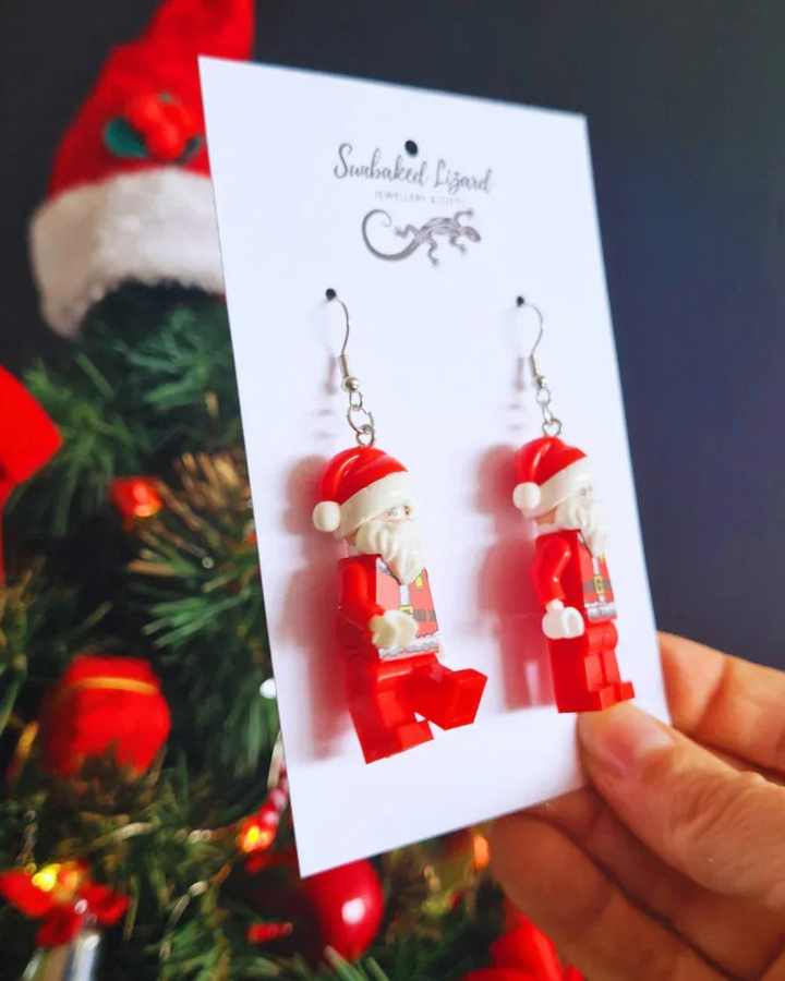 Block-style Santa Christmas earrings inspired by Lego figures