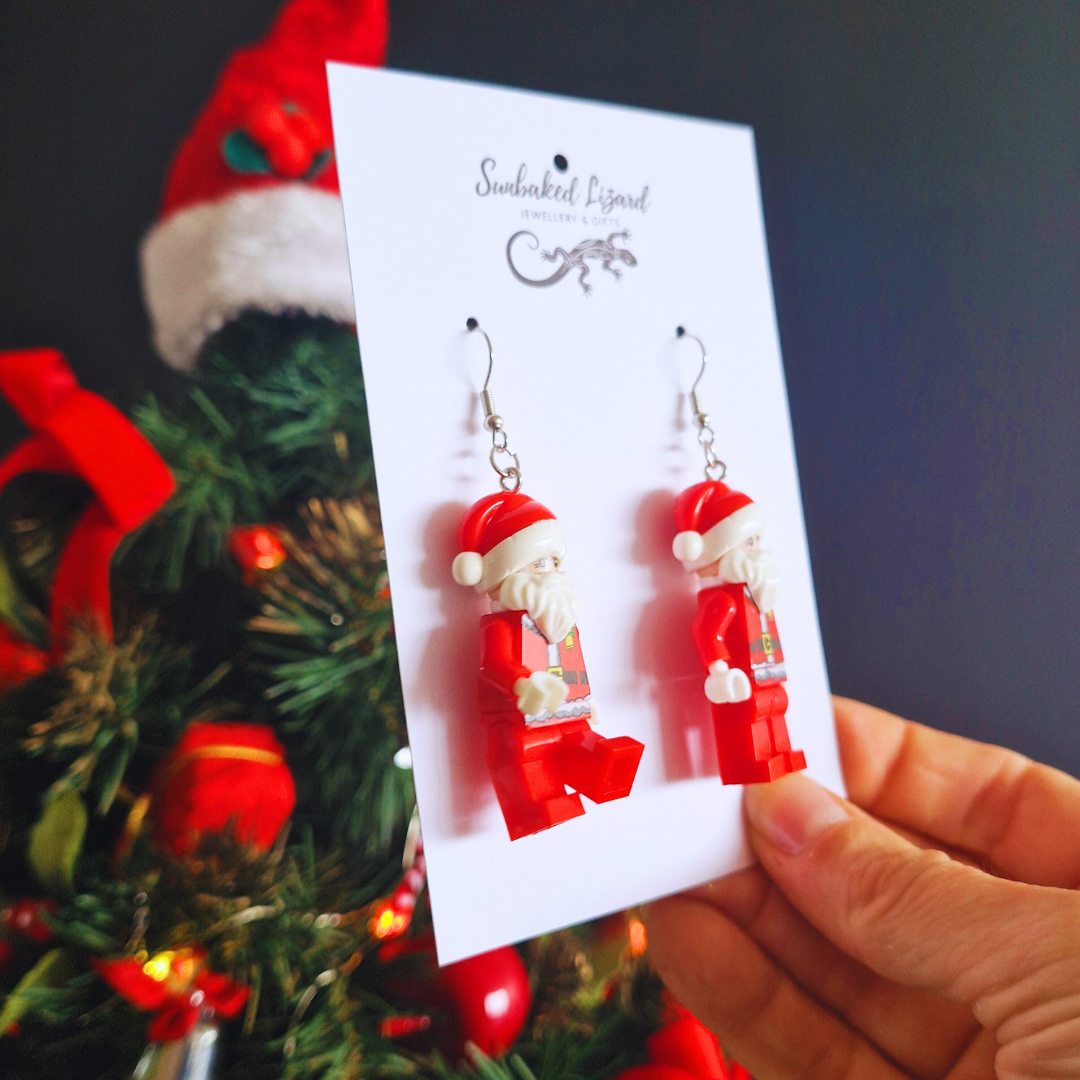 Block-style Santa Christmas earrings inspired by Lego figures