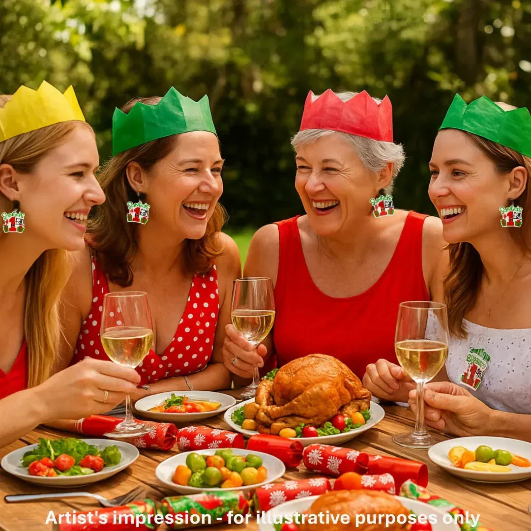 Friends at a Christmas dinner wearing Santa&