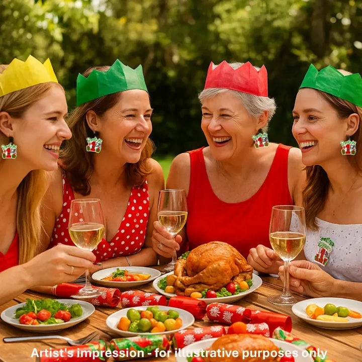 Friends at a Christmas dinner wearing Santa&