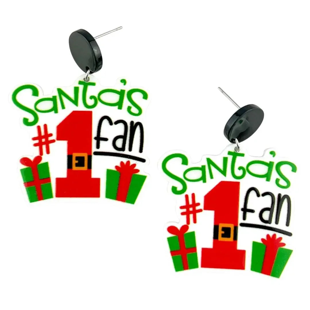 Santa's #1 Fan Christmas earrings with green and red lettering, a belted number 1, and wrapped presents