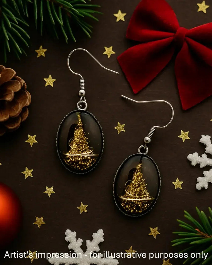 Shimmering Christmas tree earrings styled with festive decorations