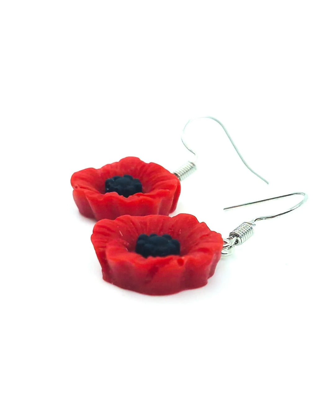 Side view showing detail of red poppy flower drop earrings 18mm resin charm with stainless steel hook