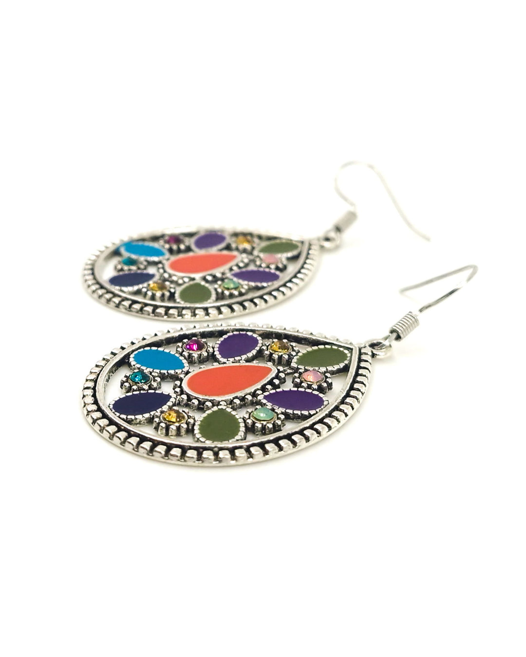 Detail picture of silver teardrop mosaic earrings with orange centre stone and colourful diamantes