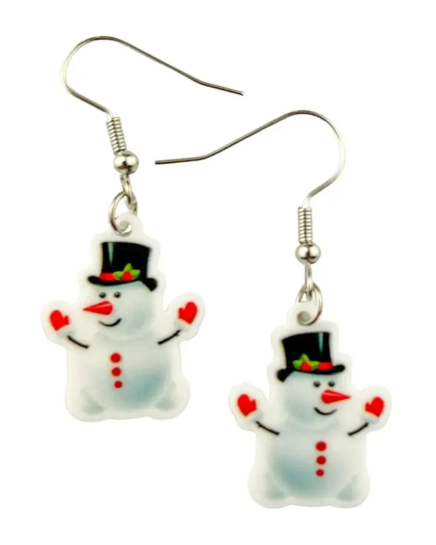 Snowman Christmas drop earrings with a snowman in a black top hat, carrot nose and red mittens