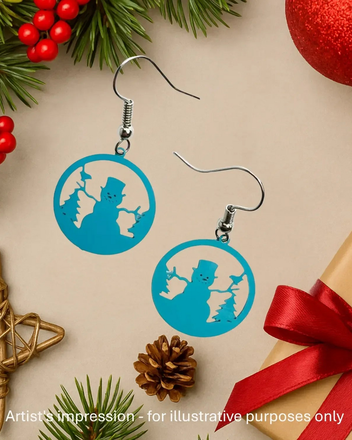 Teal snowman Christmas earrings with a cut-out snowman and pine trees, on stainless steel hooks