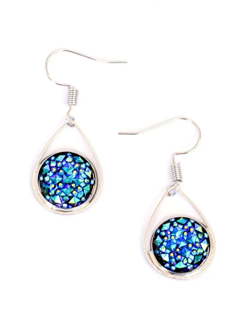 Dark blue sparkly teardrop earrings with tiny faceted glitter in silver teardrop frames