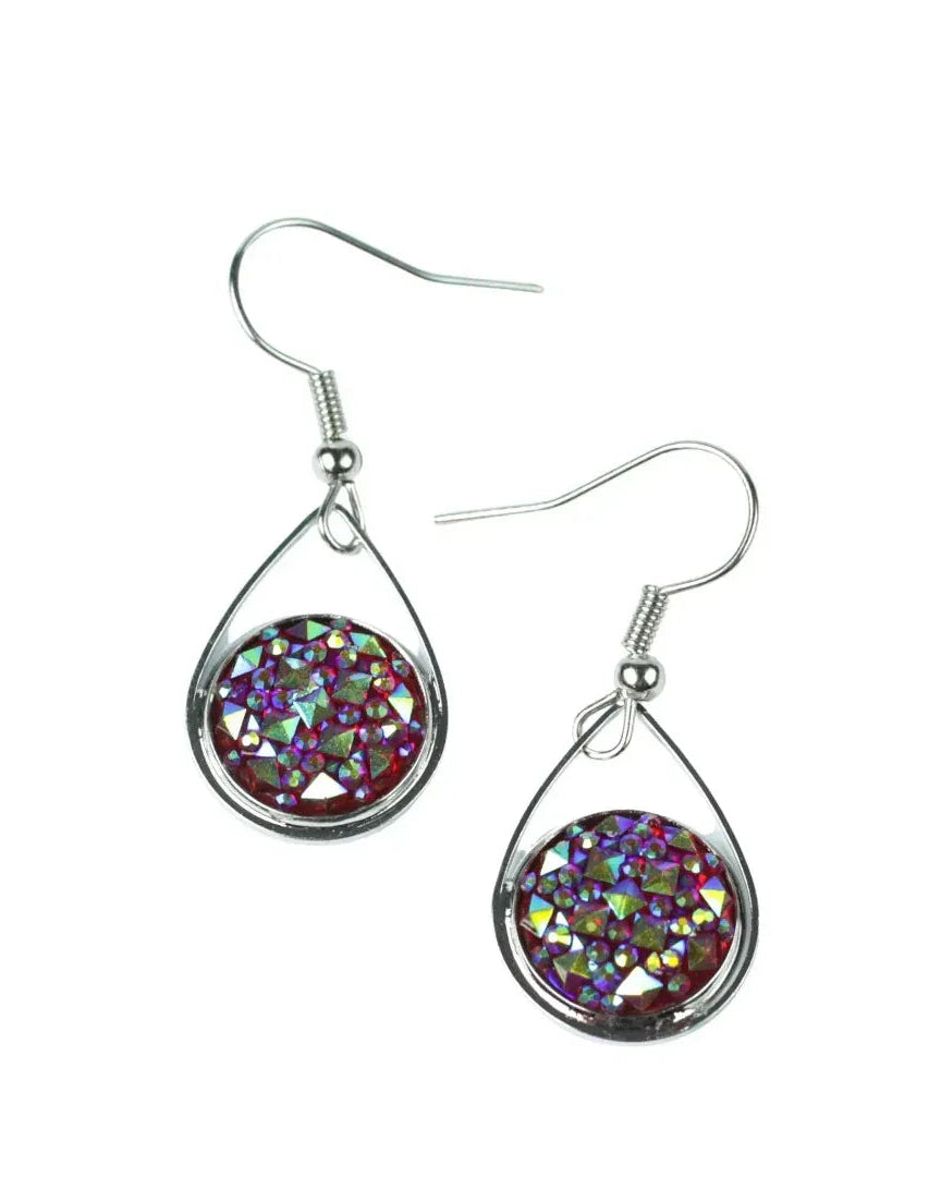 Dark pink sparkly teardrop earrings with rainbow glints across the faceted surface