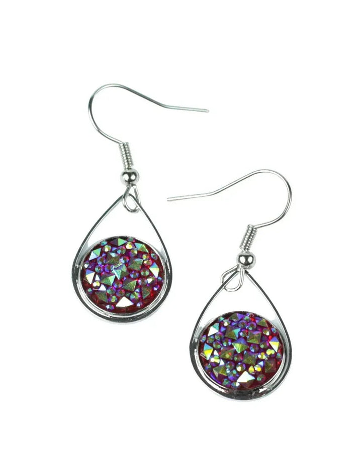 Dark pink sparkly teardrop earrings with rainbow glints across the faceted surface
