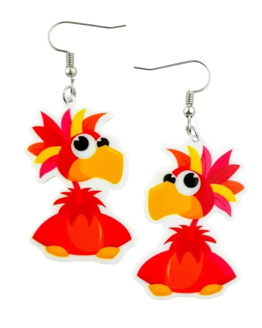 Spike the Parrot drop earrings, red cartoon parrot acrylic charm on silver hooks