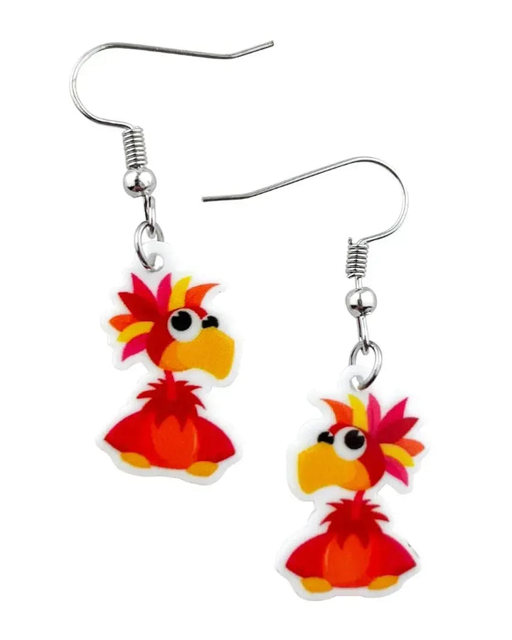 Spike the Parrot drop earrings, red cartoon parrot acrylic charm on silver hooks