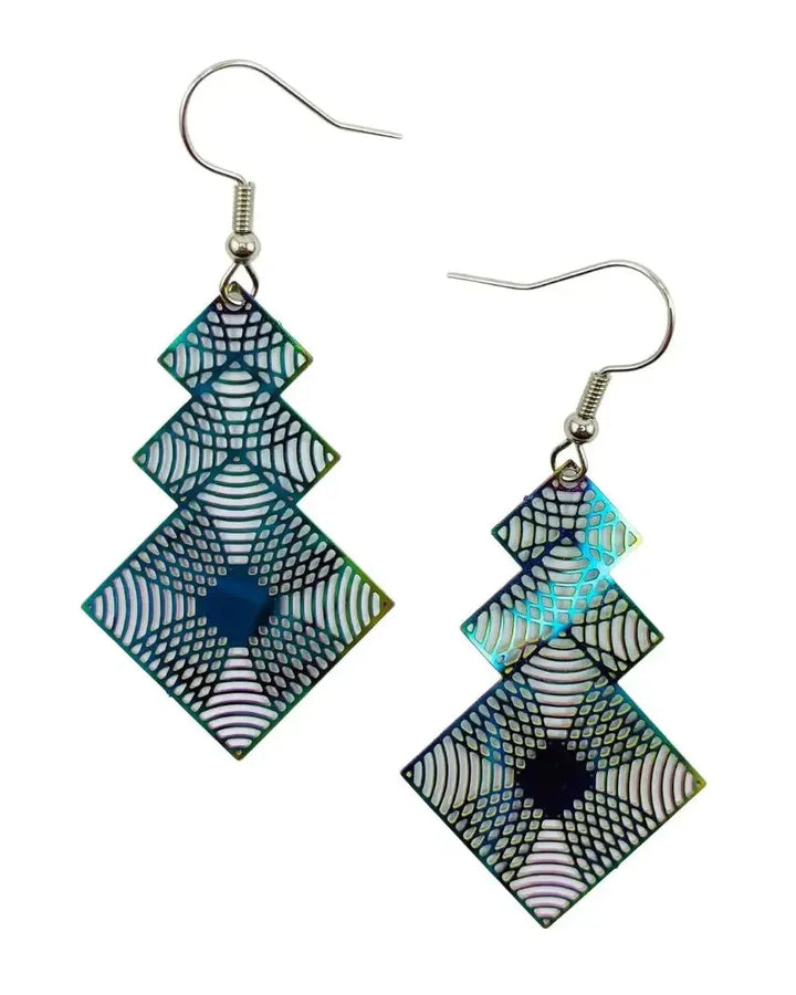 Square filigree iridescent drop earrings with colour-shifting geometric metal design by Sunbaked Lizard Australia