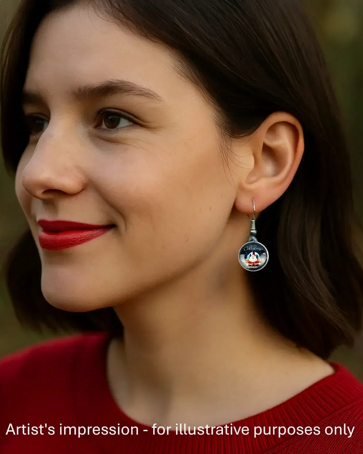 Model wearing a starry night Santa Christmas earring, showing the size against her ear
