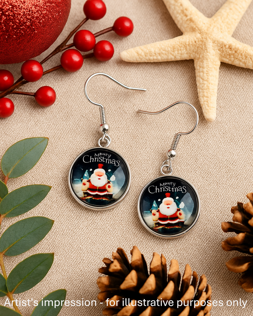 Starry night Santa Christmas earrings on linen with red berries, pinecones and a starfish