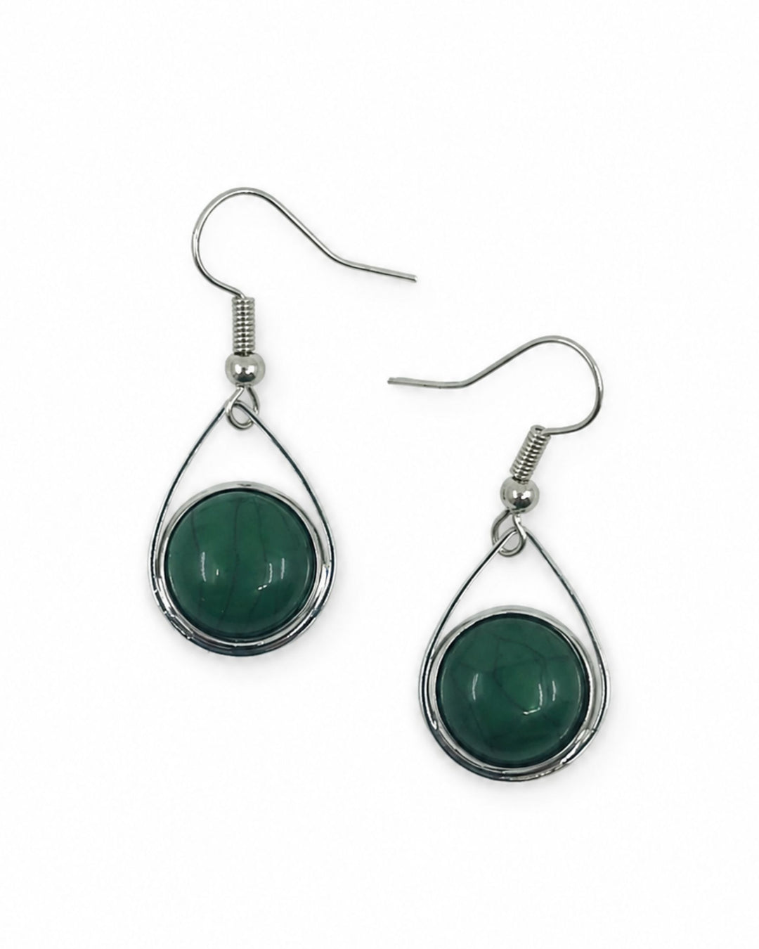 Green stone teardrop earrings with darker veining running through deep forest green domes