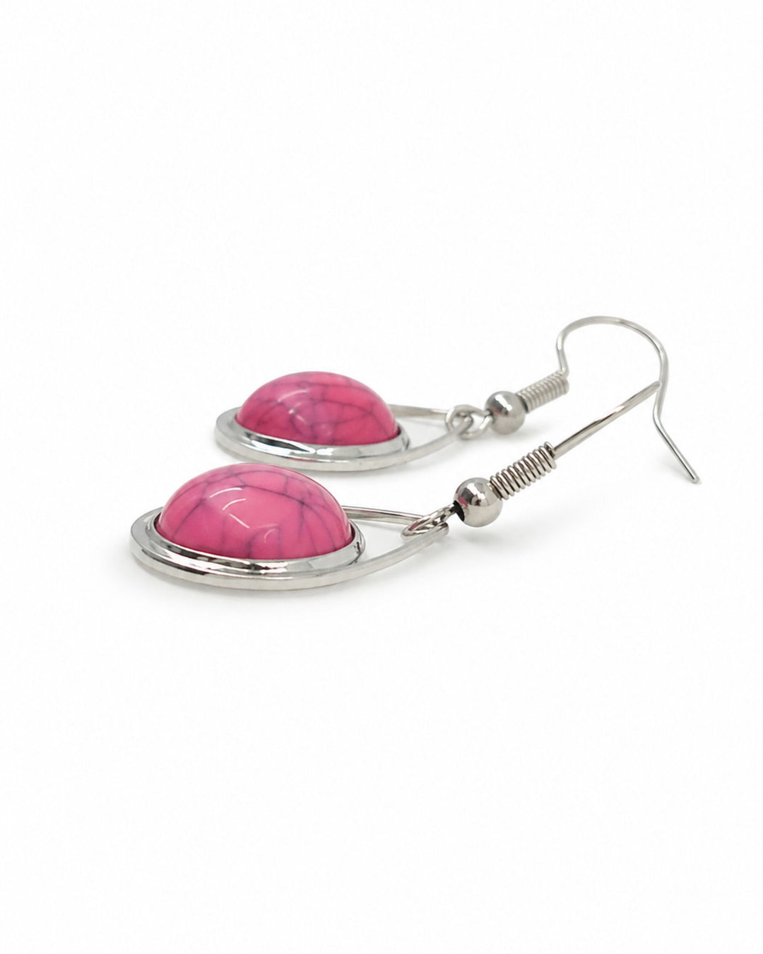 Side view of pink stone teardrop earrings showing the domed stone and silver-coloured ear hook