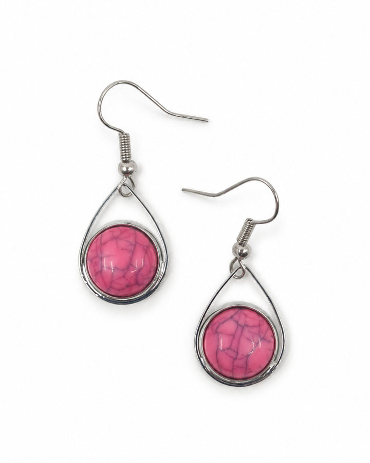 Pink stone teardrop earrings with grey veining through strong rose pink domes