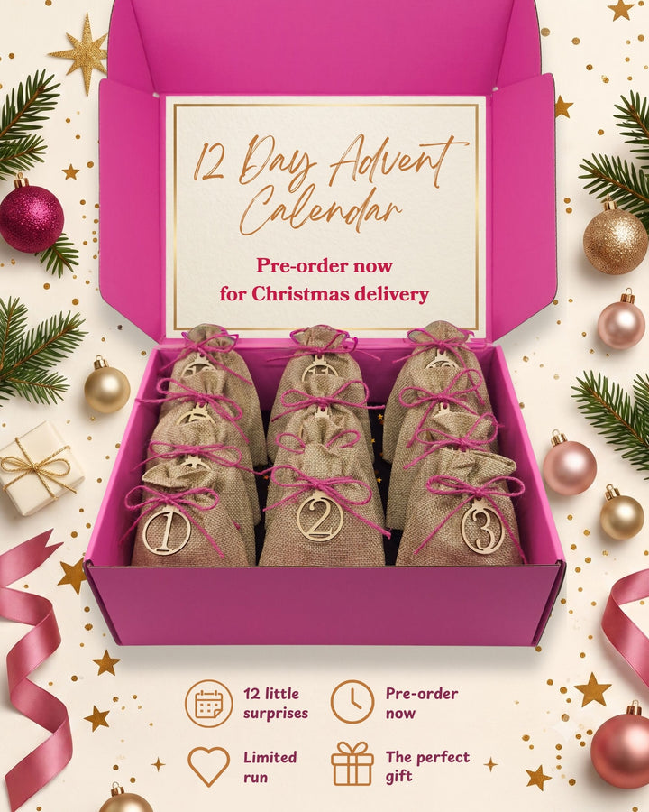 Sunbaked Lizard 12 Day Jewellery Advent Calendar Christmas 2026 pre-order featuring 12 numbered surprise gift bags in a pink keepsake box.