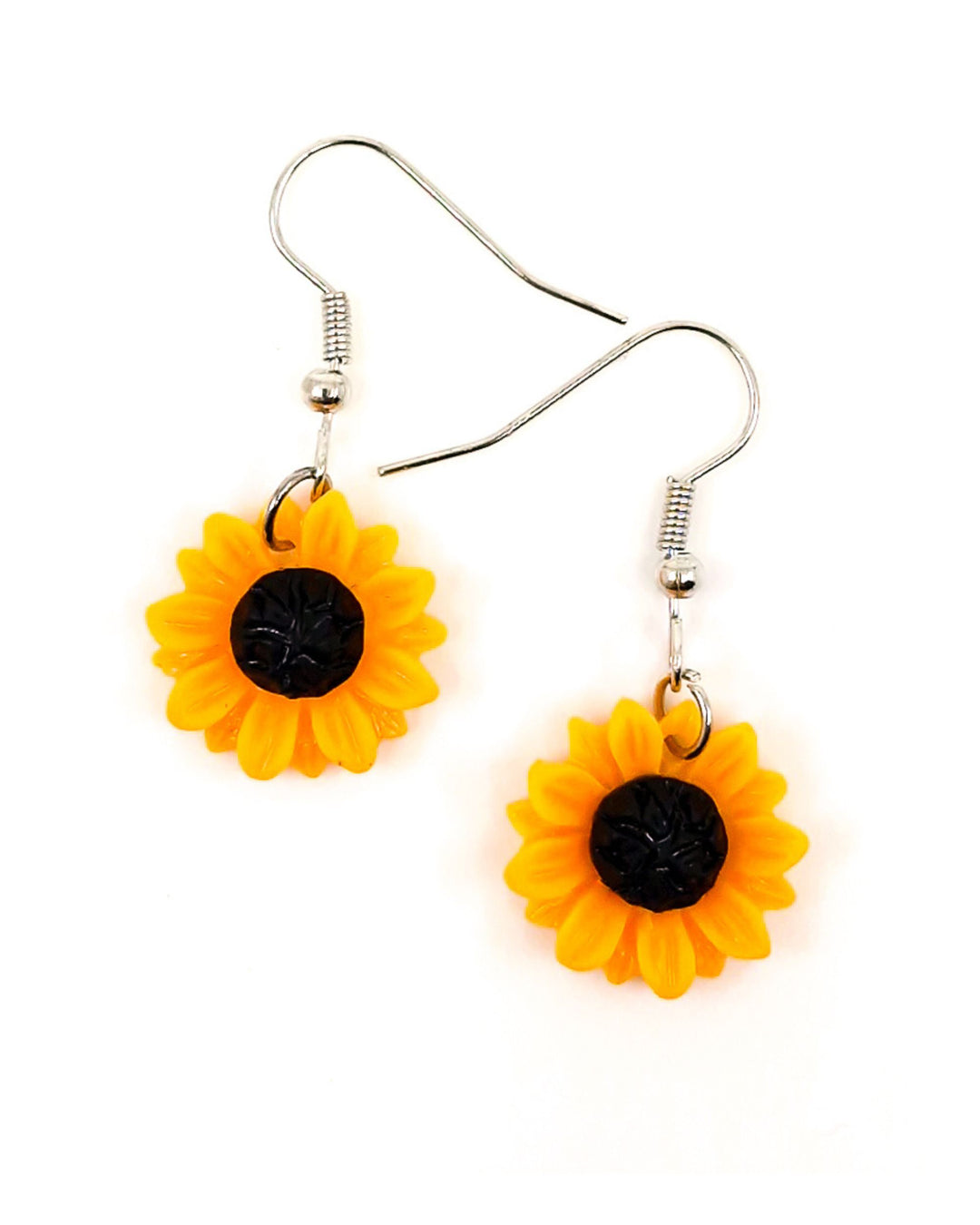 Front view of yellow sunflower drop earrings in 18mm size with stainless steel hooks