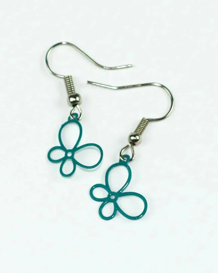 Teal filigree butterfly drop earrings with hypoallergenic hooks, colourful jewellery by Sunbaked Lizard Australia