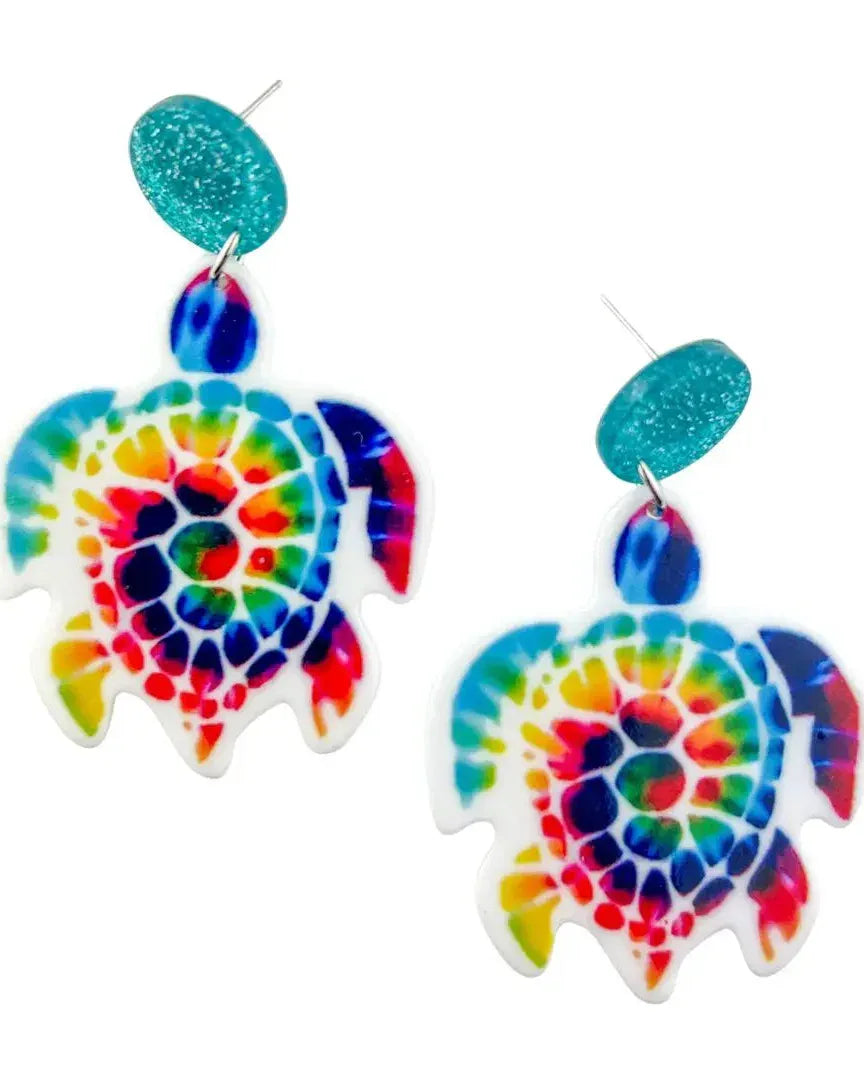 Tie dye turtle stud drop earrings with rainbow swirl design