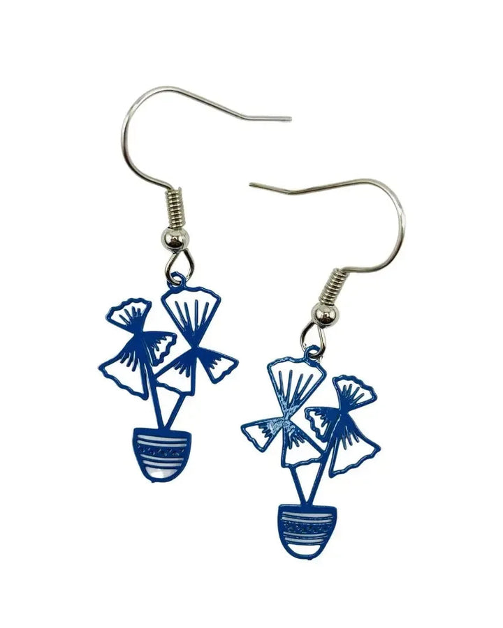 Blue tropical potted plant earrings with three fan-shaped leaves in a small striped pot