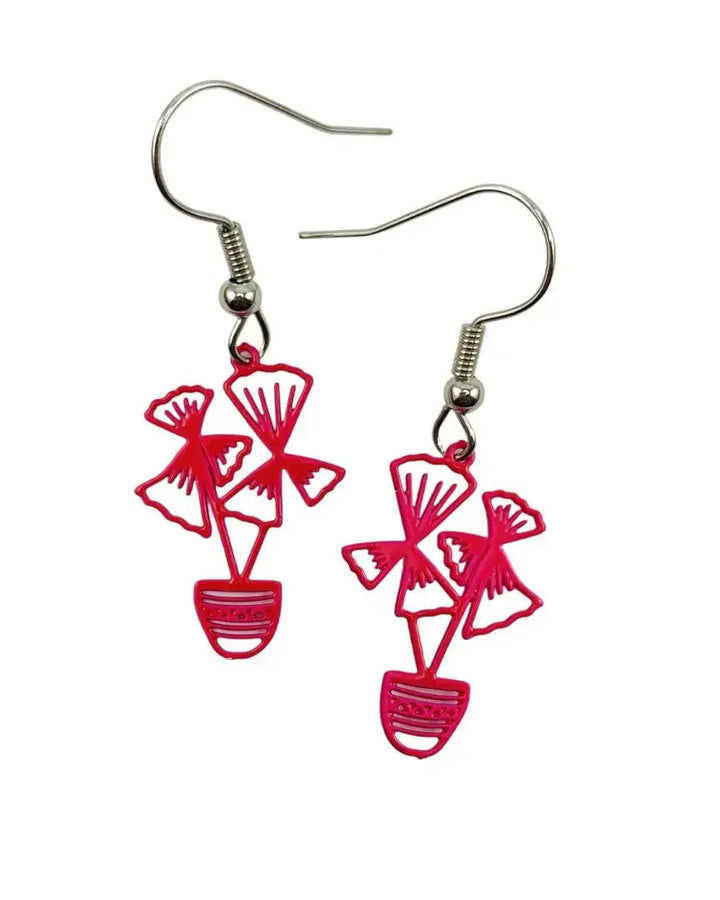 Pink tropical potted plant earrings with three fan-shaped leaves in a small striped pot