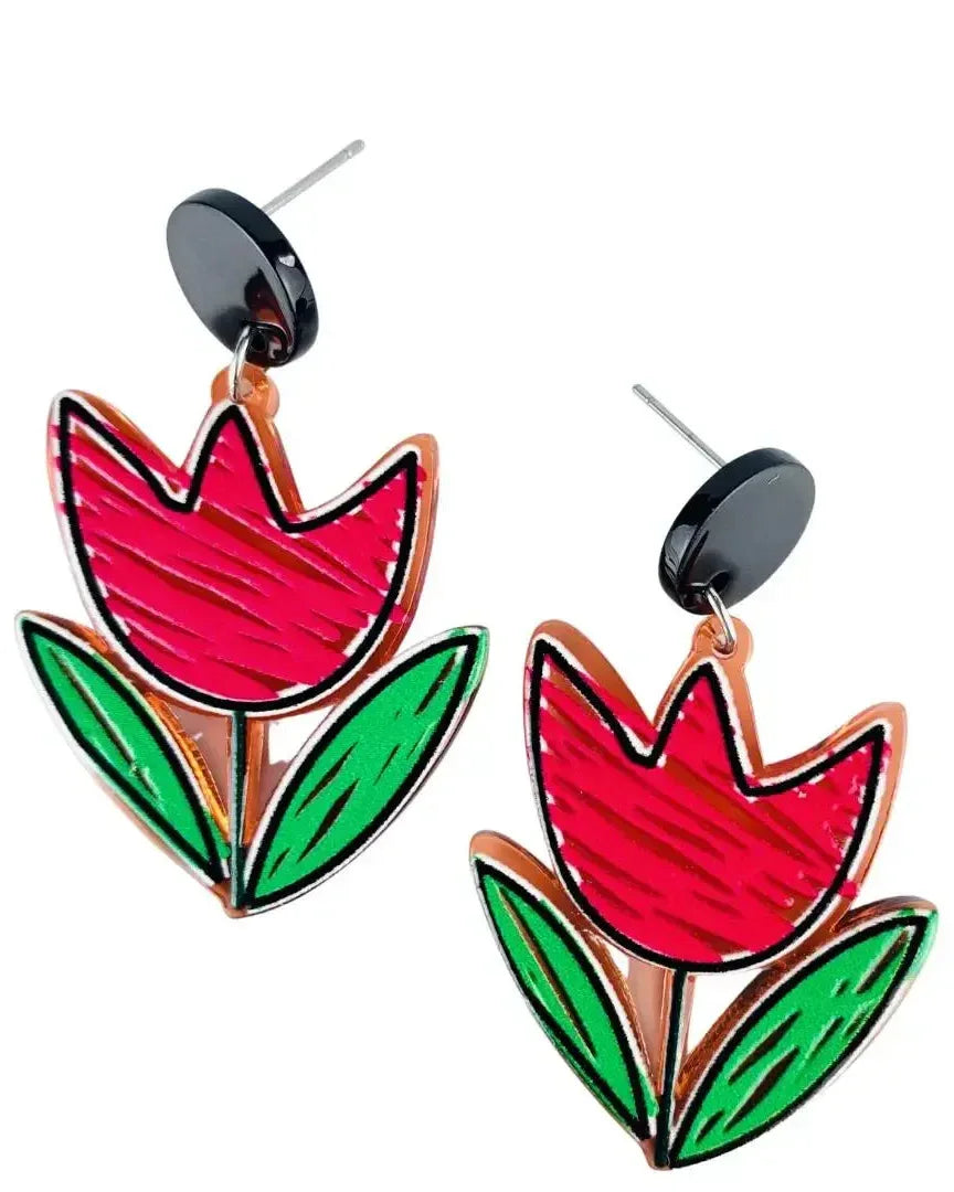 Tulip flower stud drop earrings with hypoallergenic posts