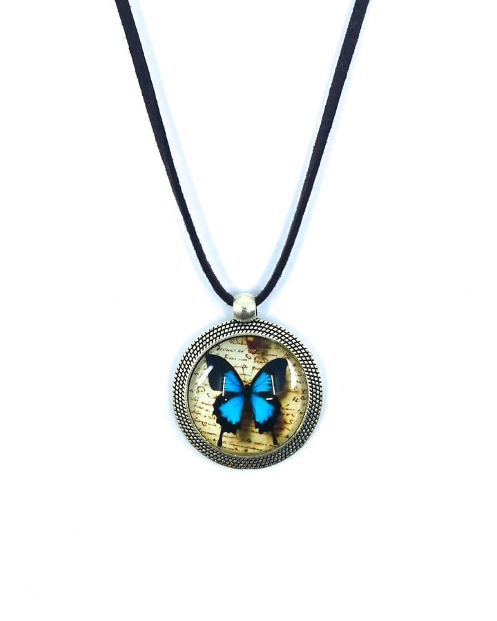 Ulysses butterfly necklace with blue butterfly pendant, silver frame and black cord on a white background