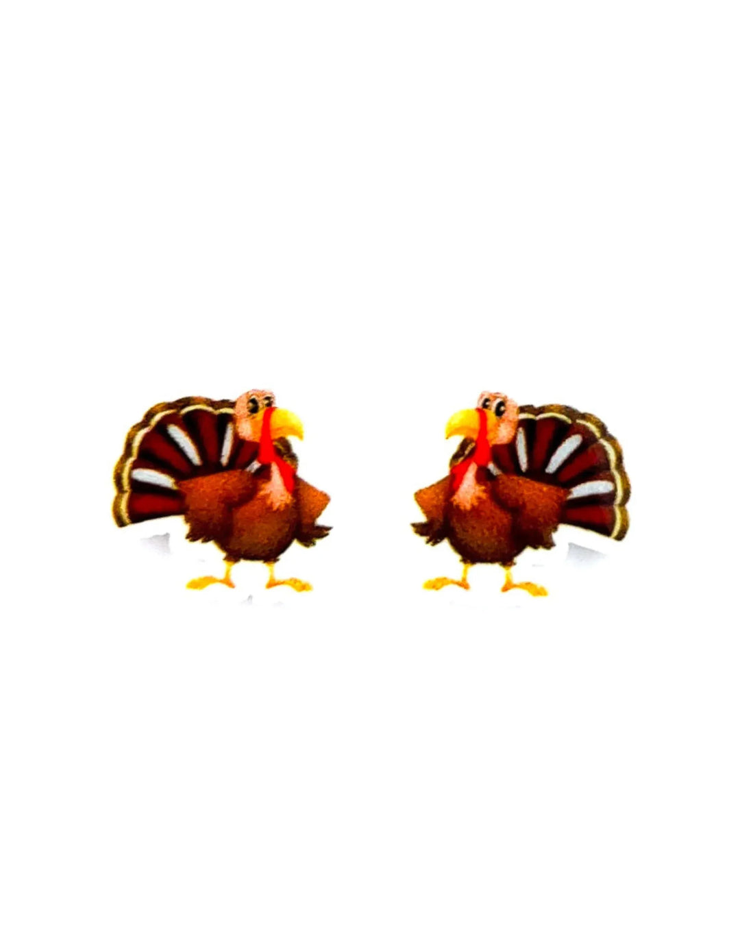 Lurky the Turkey stud earrings, a pair of cartoon turkeys with fanned red and brown tails on acrylic charms