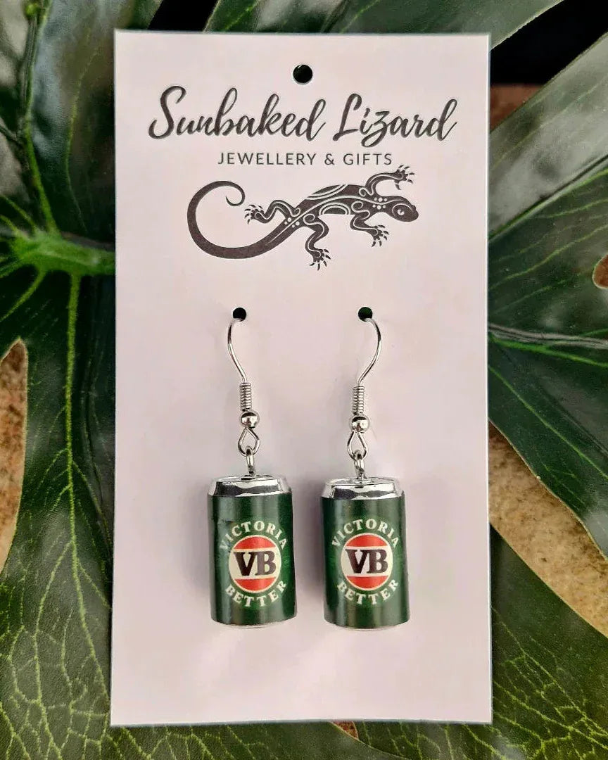 Victoria Bitter VB beer can dangle earrings on Sunbaked Lizard Jewellery &amp; Gifts backing card