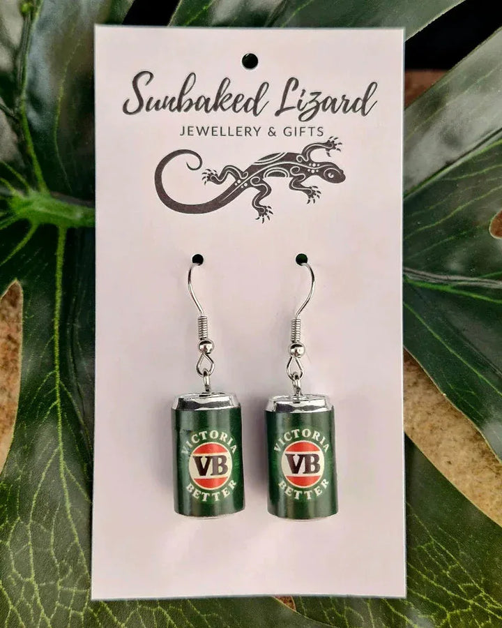 Victoria Bitter VB beer can dangle earrings on Sunbaked Lizard Jewellery &amp; Gifts backing card