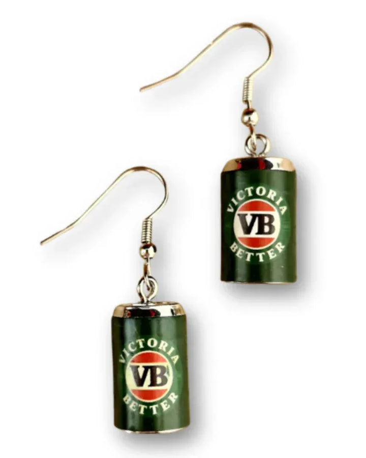 Victoria Bitter VB beer can novelty dangle earrings with silver hooks on white background