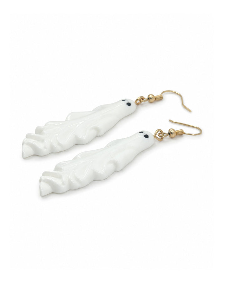 White ghost Halloween earrings with gold hooks, laid flat on white, showing floaty ghost charms with tiny black eyes