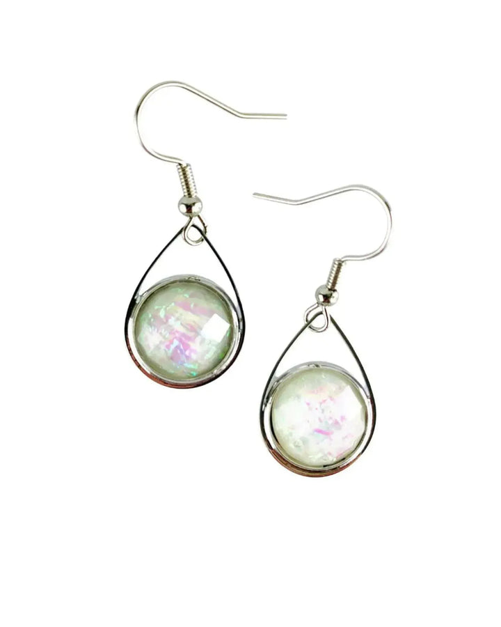 White opal look teardrop earrings with milky faceted charms sparking pink and green