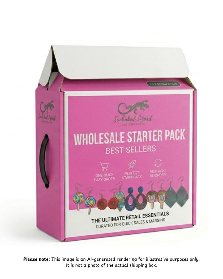 Wholesale earrings starter pack box with bestselling Sunbaked Lizard earrings for retail displays