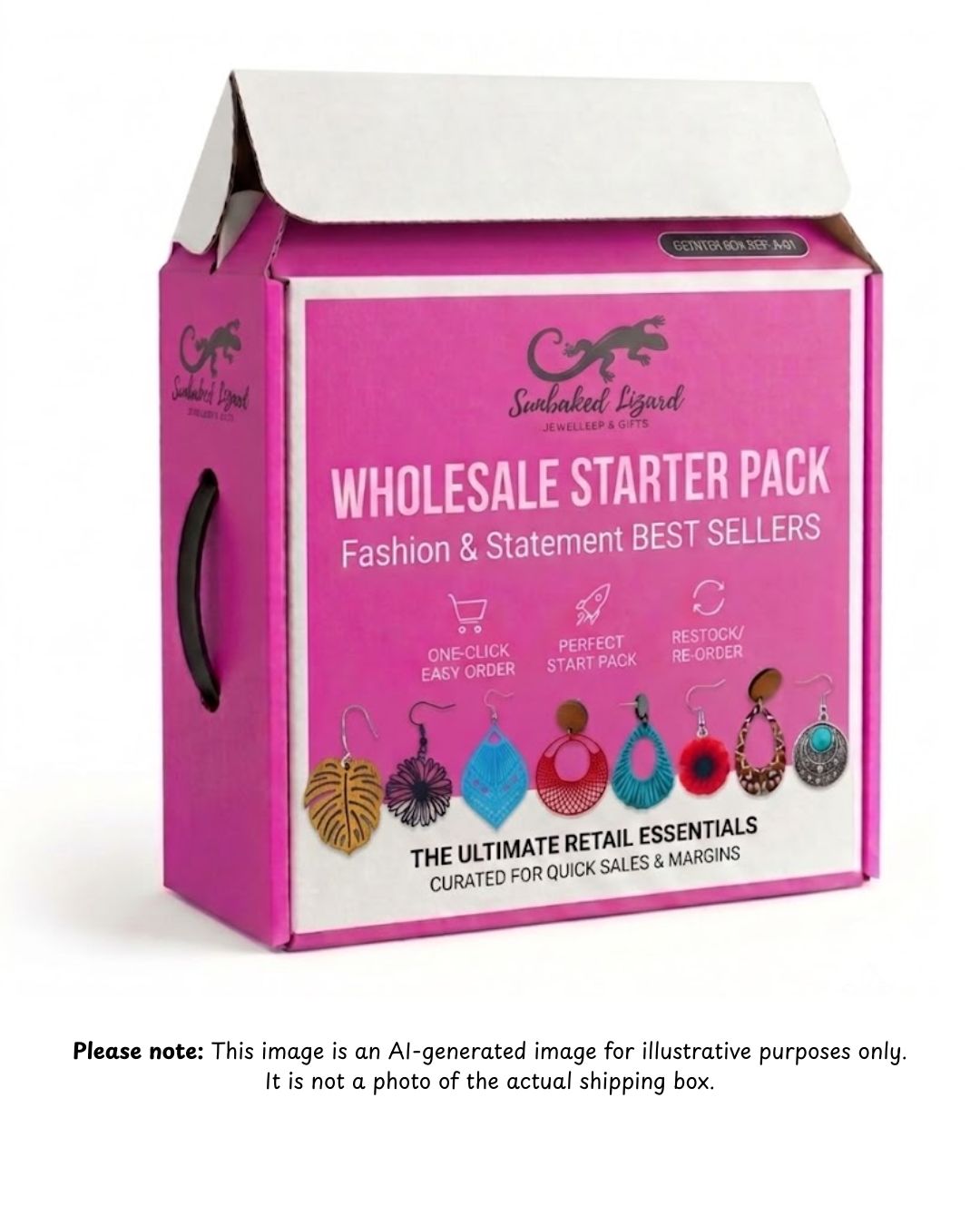 AI-generated pink wholesale starter pack box for fashion and statement earrings with Sunbaked Lizard branding and illustrated earring designs