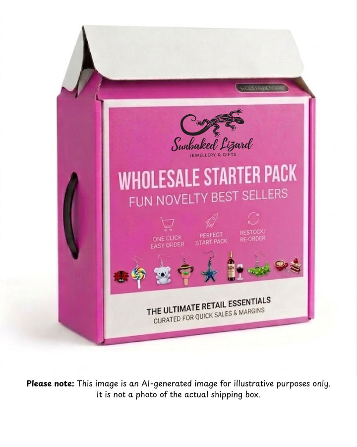 AI-generated pink wholesale starter pack box for fun novelty earrings with Sunbaked Lizard branding and illustrated novelty earring designs