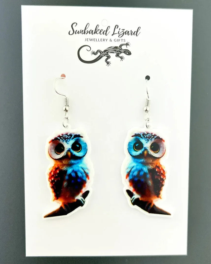 Wise Owl drop earrings on a Sunbaked Lizard backing card, ready to gift