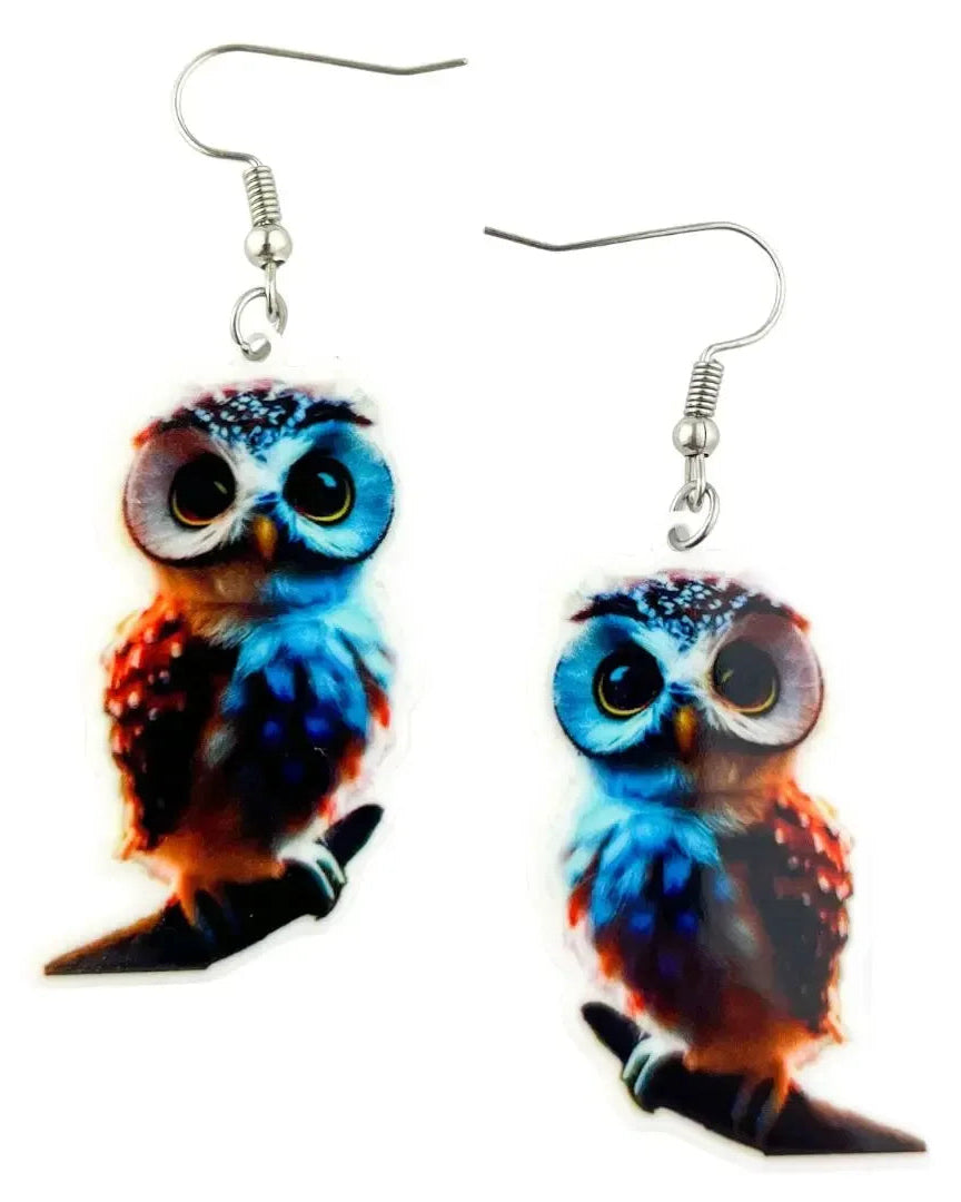 Wise Owl drop earrings, a pair of big-eyed blue and red owls perched on branches, on silver hooks