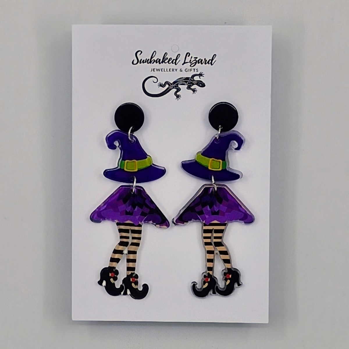 Halloween witch stud drop earrings with striped legs and black hat – lightweight acrylic spooky-cute jewellery