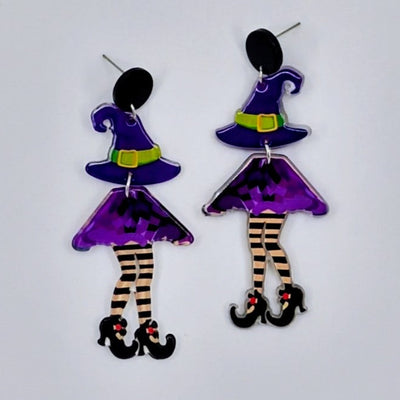 Halloween witch stud drop earrings with striped legs and black hat – lightweight acrylic spooky-cute jewellery
