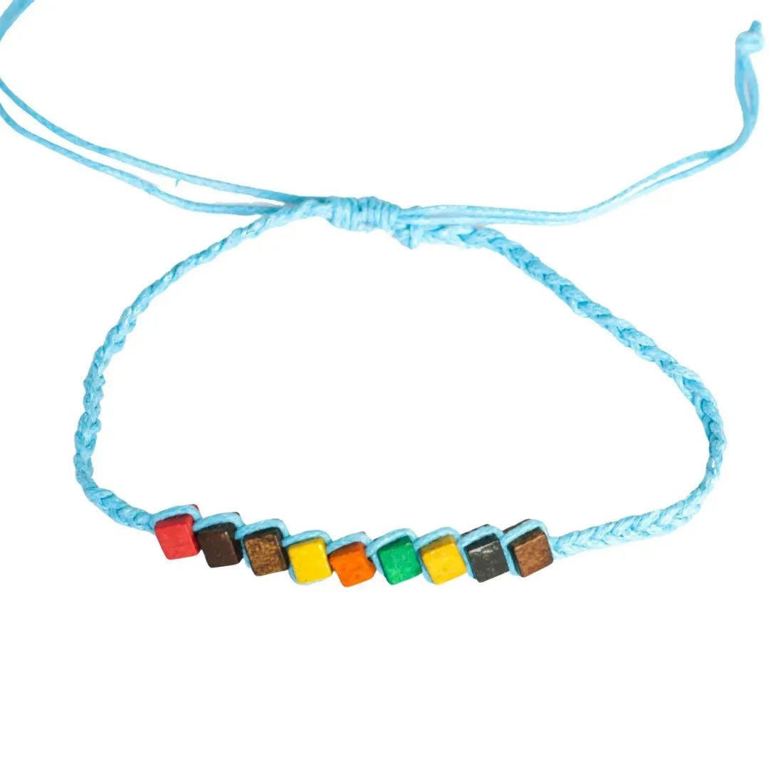 Turquoise cord wooden beaded anklet with colourful rainbow-style beads